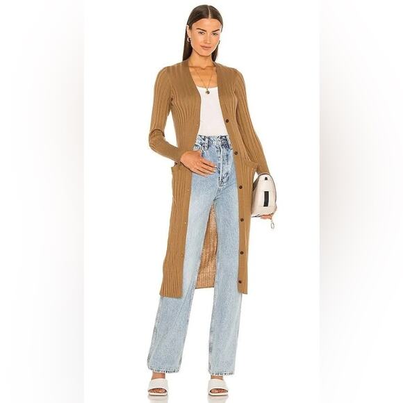 ATM Long Sweater Cardigan in Sahara Womens M Silk Cotton Ribbed Button Front - Picture 1 of 10